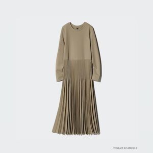 Uniqlo Combination Dress Beige Khaki Long Sleeve Pleated Dress NWT